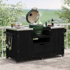 Whisen 66.5" Outdoor Kitchen Island for Egg-shaped Grills, Solid Wood Outdoor Grill Cart with Stainless Steel Top
