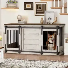 Erommy 62.5" Dog Crate Furniture, Dog Kennel TV Cabinet with Sliding Door, Heavy Duty Wooden Dog Cage for X-Large Dog