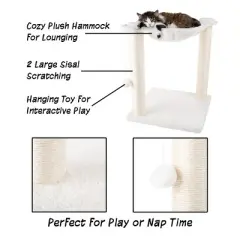 Pet Adobe Cat Tree and Scratcher - Hammock-Style Cat Lounging Bed and Interactive Hanging Toy - 15.75", White