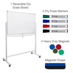 Excello Global Products Large 48"x32" White Board on Wheels, 1 Eraser, 4 Magnets, 1 Marker Tray (White)