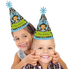 Big Dot of Happiness Blue Monkey Boy - Cone Happy Birthday Party Hats for Kids and Adults - Set of 8 (Standard Size)