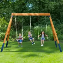 ROBOTIME Play and Swing Sets,Wooden Outdoor Swing Set with Three Swings and Trapeze Bar for Kids and Toddlers, Multicolored, 129.92"*84.2"*81.8"