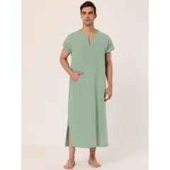 Lars Amadeus Men's Short Sleeves Cotton V-Neck Side Split Long Nightshirt
