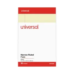Universal Perforated Ruled Writing Pads, Narrow Rule, Red Headband, 50 Canary-Yellow 5 x 8 Sheets, Dozen
