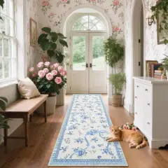 Acekool [Green Pink] Floral Print Runner Rug, Washable Low Pile Non-Slip Carpet for Entryway, Kitchen, Nursery & Playroom [2x6 Ft]