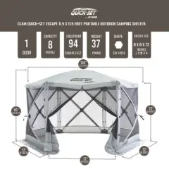 CLAM Quick-Set Escape Portable Pop-Up Outdoor Camping Gazebo Screen Tent Sided Canopy Shelter with Ground Stakes & Carry Bag