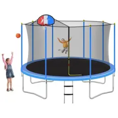 Easy-to-Assemble Kids Trampoline with Safety Fence Netting, Basketball Hoop and Ladder, Blue - ModernLuxe