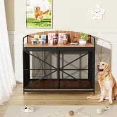 Gulches 42.8" Heavy Duty Large Dog Crate Furniture for Large Medium Dog, Farmhouse Wooden Dog Kennel Indoor End Table, Decorative Pet House, Brown