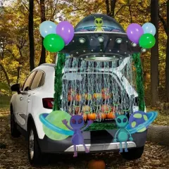 Joyfy Halloween UFO Trunk Or Treat Car Decoration, Aliens Archway Garage Door Decor with Streamer Tinsels Strips Balloons for SUV Outdoor/Indoor