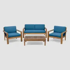 Santa Ana 4pc Acacia Wood Chat Set Teak/Dark Teal - Christopher Knight Home