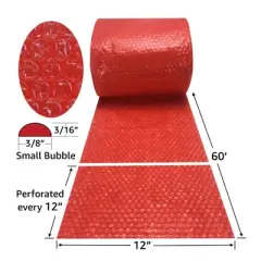 UBMOVE Small Red Bubble Roll Wrap- 60' Long x 12" Wide, Perforated Every 12"