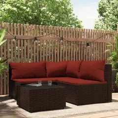 vidaXL Outdoor Patio Lounge Set, Brown PE Rattan Sofa Set with Cinnamon Red Cushions - 4 Piece, Includes Comfortable Padded Seating and Glass Tabletop