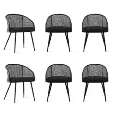 Set of 6 Rattan Dining Chairs, Modern Upholstered Armchairs with Black Metal Frame & Woven Cane Back for Kitchen & Dining Room-Maison Boucle