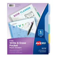 Avery&reg; Write & Erase Durable Plastic Dividers with Pockets, 5-Tab Set, Multicolor, 3 Sets
