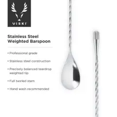 Viski Stainless Steel Weighted Barspoon, Japanese Style Twisted Stem Handle, Teardrop Weight