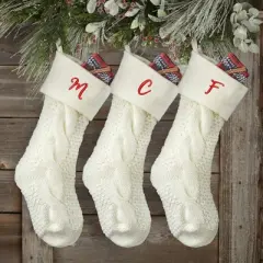 Personalization Mall Cozy Cable Knit Embroidered Initial Stocking, Ivory