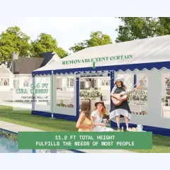 AMERLIFE Party Tent with Rolled Sidewalls and Zinc Alloy Tube & Spiral Stakes, Waterproof Event Shelters, White & Blue