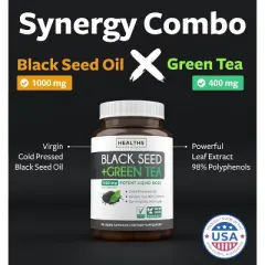 Black Seed Oil + Green Tea Liquid Capsules, Cold-Pressed Nigella Sativa with Green Tea Extract for Wellness & Energy Support, Health's Harmony, 60ct