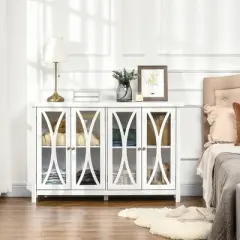 HOMCOM Sideboard, Buffet Cabinet with Adjustable Shelves, Credenza with 4 Glass Doors, White