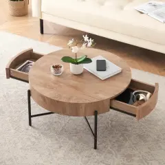 Garvee Coffee Table with Drawers Round Center Table Wood Look Circle Coffee Table Farmhouse Cocktail Table Metal Frame Living Room