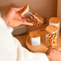 OU Airtight Food Storage Container 4.2cup, Clear Plastic Food Storage Container with Leak Proof Bamboo Lid, Stackable Kitchen Pantry Organizer