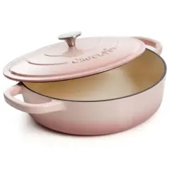 Crock Pot Artisan 5 Quart Round Enameled Cast Iron Braiser Pan with Self Basting Lid in Blush Pink