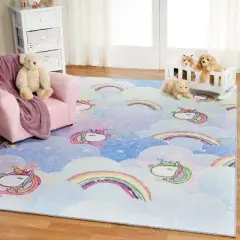 Unicorn Rainbow Colorful Kids Playroom Nursery Washable Indoor Area Rug by Blue Nile Mills