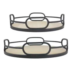 2pc Modern Round Wood and Metal Serving Tray Set Brown - Stonebriar Collection