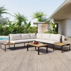 Outdoor 4-Piece Sofa Set, Sofa Set with Side Table and Coffee Table, Sofa with Iron Frame and Polyester Cushions-Coolbibila