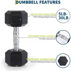 Rubber Hex Dumbbell Set with A-Frame Rack (160lb/200lb) - 5-30lb Pair Dumbbells for Home Gym, Non-Slip Grip, Solid Cast Iron & Rubber Coated