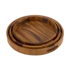 Kalmar Home Solid Acacia Wood Set of 3 Round Serving Trays - Solid Bottom
