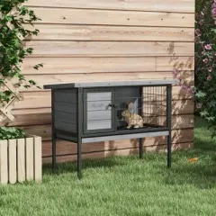 PawHut Rabbit Hutch Elevated Bunny Cage Small Animal Habitat with Metal Frame, No Leak Tray, Openable Asphalt Roof for Indoor/Outdoor