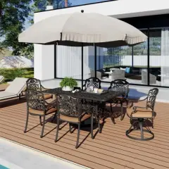 59'' Cast Aluminum Outdoor Dining Table Outdoor Patio Table for 6 Patio Dining Table with 2" Umbrella