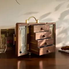 Luxury Walnut Jewelry Cabinet with Mirror Doors, Clover Lock, Organizer Box for Rings Earrings Necklaces
