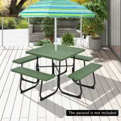 Tangkula 8-person Square Picnic Table Bench Set Outdoor Picnic Table with 4 Benches & Umbrella Hole 500 LBS Capacity Black/Grey/White/Green