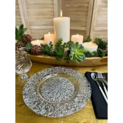 Essential Decor & Beyond 13" Silver Glass Charger with Flowery Modern Design Set of 4