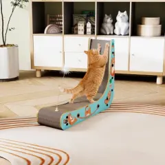 SEVOBAL L-Shape Cat Scratcher Lounge Corrugated Cardboard Scratching Pad for Indoor Cats Durable Cat Furniture with Feather Spring Toy Cartoon Design