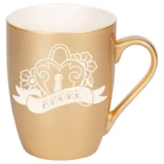 100 North Floral Heart 10 Ounce Vegas Gold Metallic Finish, Comfortably Fits Your Hands, New Bone China Coffee Tea Cup Mug, Amore