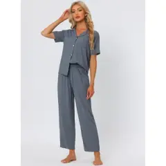 cheibear Womens Pajama Sets Short Sleeve Shirt Long Pant Sleevewear Nightshirt PJ Set