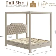 Upholstered Canopy Bed Frame with Headboard, Button Tufted, Nailhead Trim Design, No Box Spring Required