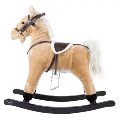 Toy Time Kids Plush Ride-On Rocking Horse on Wooden Rockers with Sounds, Stirrups, Saddle, and Reins - Brown