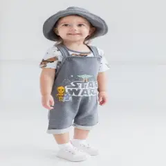 Star Wars Chewbacca R2-D2 Yoda Baby French Terry Short Overalls T-Shirt and Hat 3 Piece Outfit Set Newborn to Infant