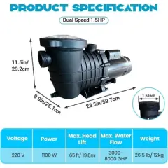 1.5HP Variable Speed Pool Pump 220V &ndash; 2-Speed Energy-Saving Motor, 3000-8000 GPH High Flow