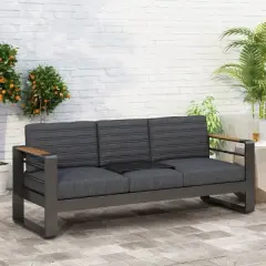 Christopher Knight Home Outdoor Aluminum 3 Seater Sofa with Water Resistant Cushions, Black Natural/Dark Gray