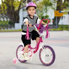 Costway 14'' Kids Bike with Doll Seat Girls Bicycle with Training Wheels for 3-5 Years Old Girl