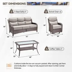 Gymojoy Outdoor 4 Piece Patio Sofa Coffee Table with Swivel Chairs Furniture Set for Deck Porch Backyard