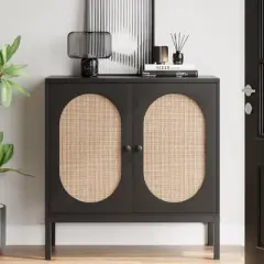Garvee Rattan Buffet Cabinet, Accent Sideboard with 2 Doors and Shelves, Black Console Cabinet for Living Room, Dining Room, Hallway