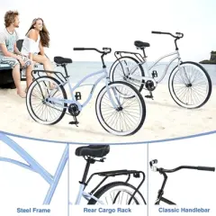 INFURNIC Bicycles Single Speed Beach Cruiser Bike with Steel Frame and Coaster Brake for Women Commuter Riding, Blue, 69.29"*25.98"*39.37"