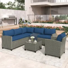 5pc Outdoor Wicker Conversation Set with Cushions - Blue - GODEER