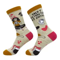 Crazy Dog Women's Easily Distracted By Coffee Socks Funny Cute Caffeine Lovers Footwear